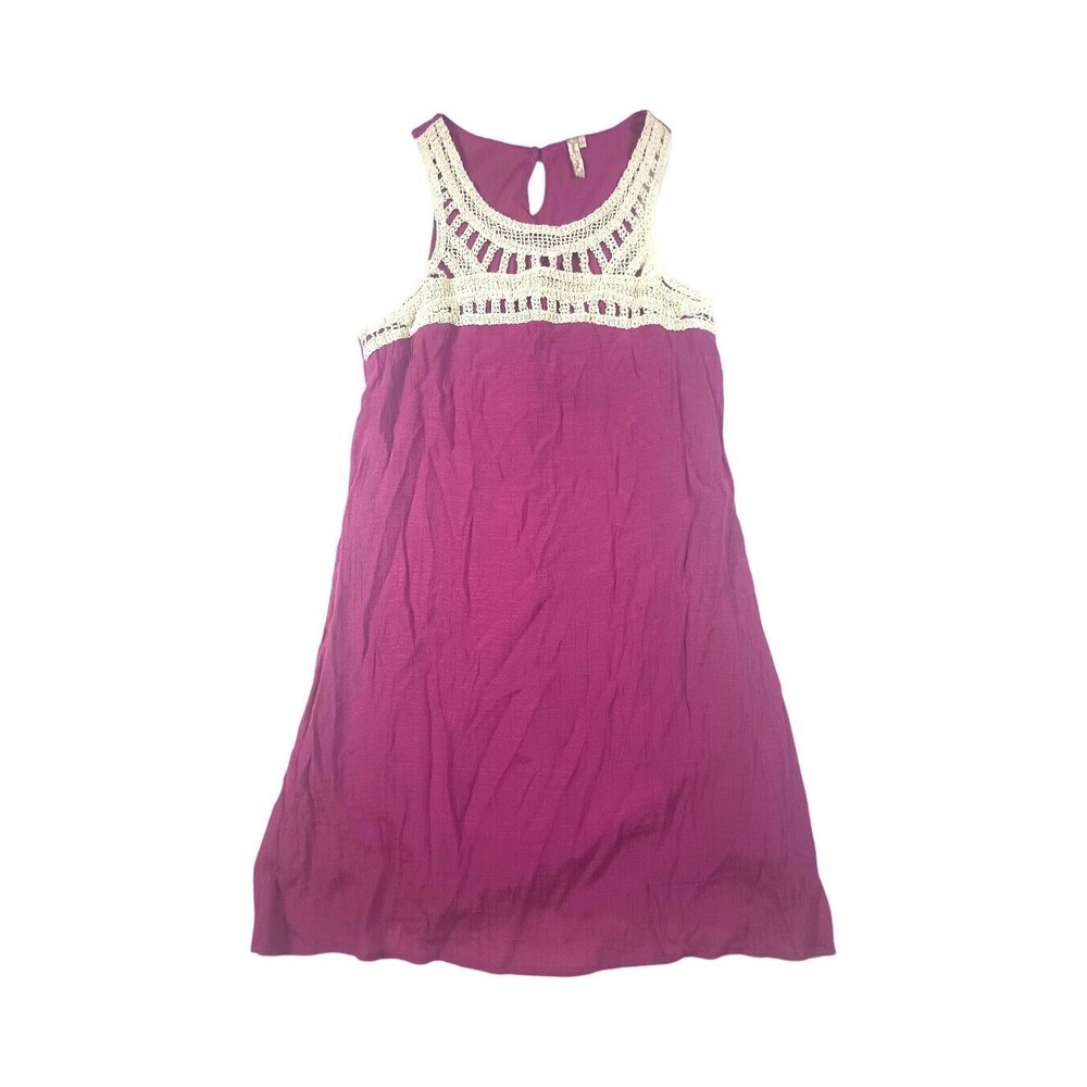 Red Camel  Sz S Purple Pink Crochet Neckline Lined Flowy Dress